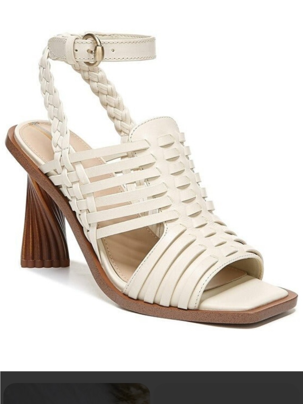Sam Edelman Ivory Woven Heeled Sandals with Wood-Tone Sculpted Heel
